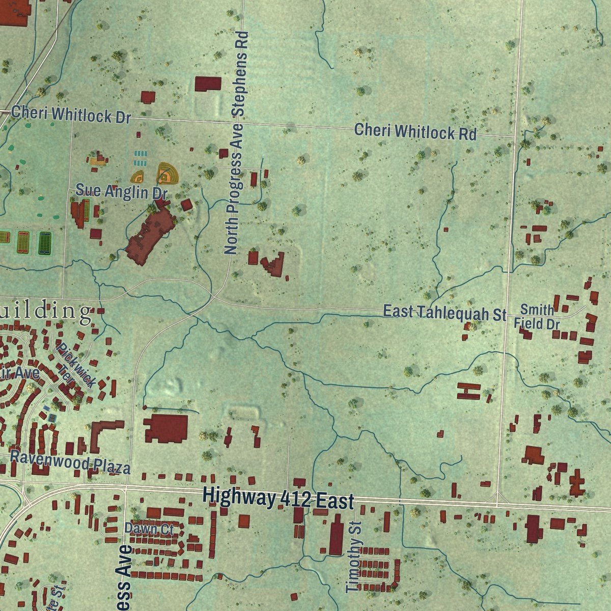 Second close-up of the map of Siloam Springs, Arkansas print showing more streets and buildings