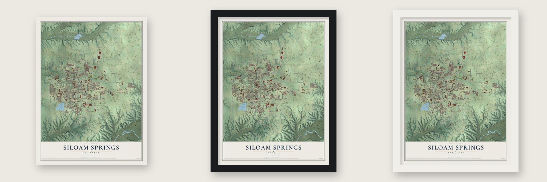 Siloam Springs, Arkansas map unframed, in a black wood frame and in a white wood frame