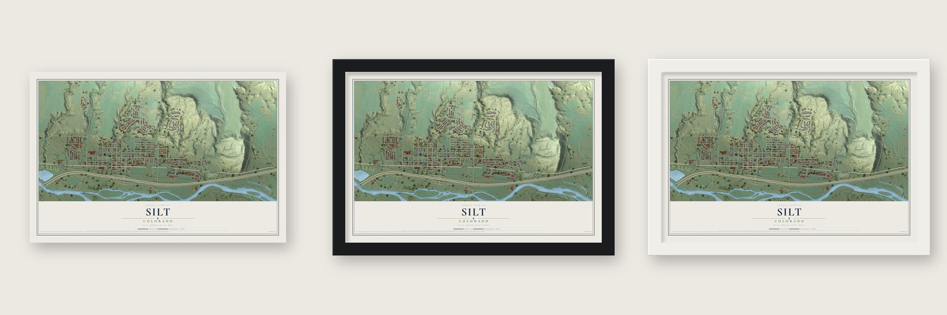 Silt, Colorado map unframed, in a black wood frame and in a white wood frame