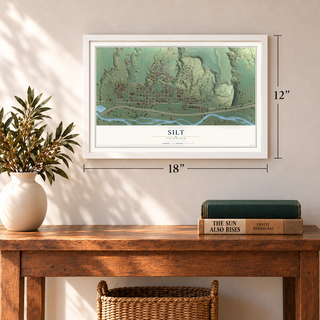 Silt, Colorado map, 12 x 18 inch print in a white frame in an entryway