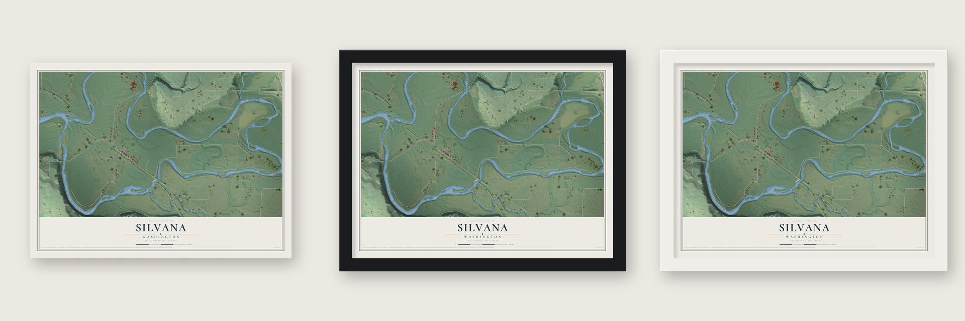 Silvana, Washington map unframed, in a black wood frame and in a white wood frame