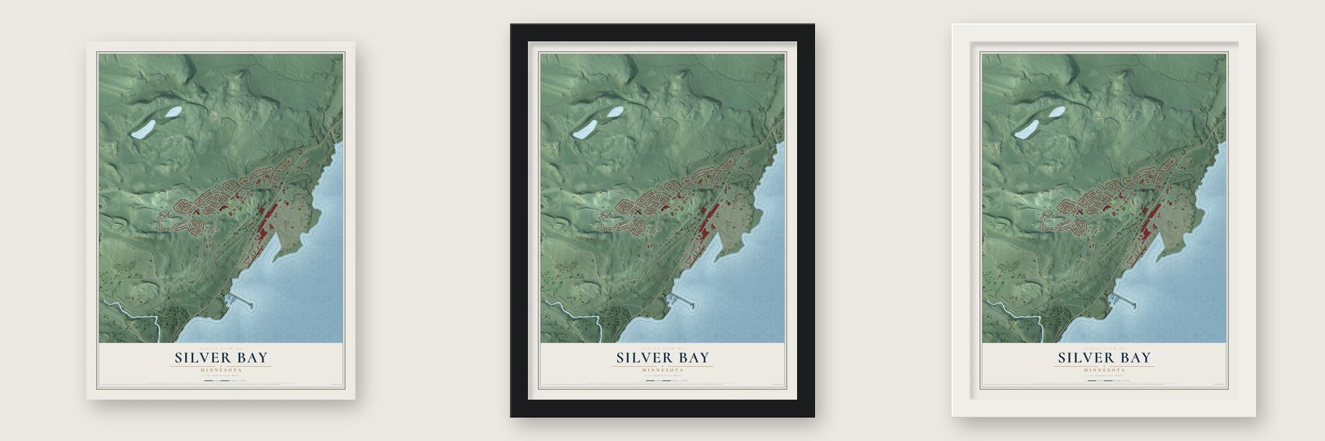 Silver Bay, Minnesota map unframed, in a black wood frame and in a white wood frame