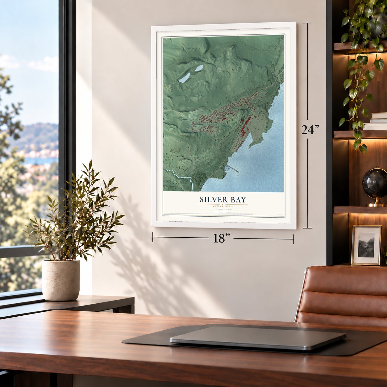 Silver Bay, Minnesota map, 18 x 24 inch print in a white frame in a home office