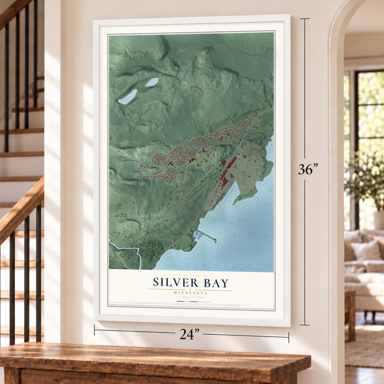 Silver Bay, Minnesota map, 24 x 36 inch print in a white frame by a staircase