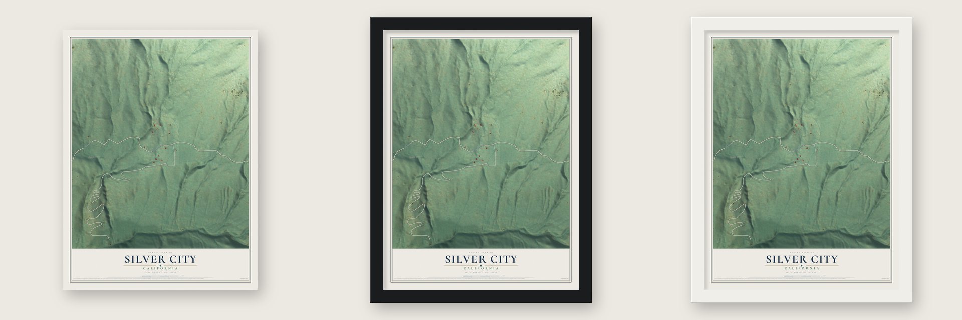 Silver City, California map unframed, in a black wood frame and in a white wood frame