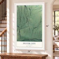 Silver City, California map, 24 x 36 inch print in a white frame by a staircase
