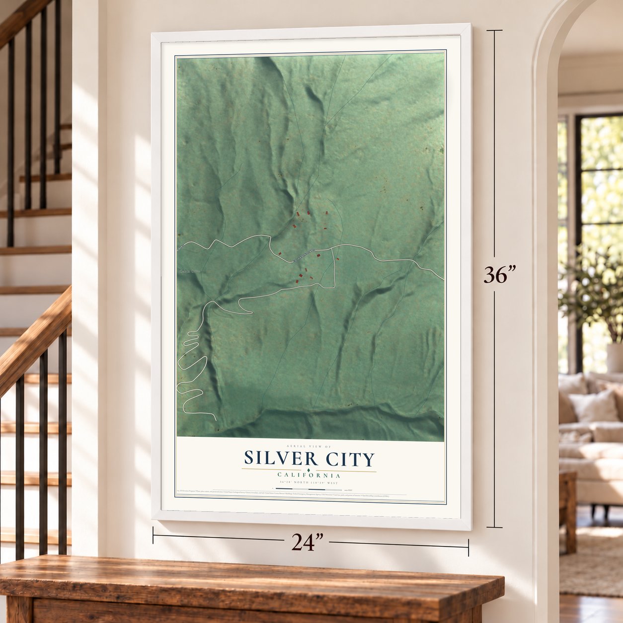 Silver City, California map, 24 x 36 inch print in a white frame by a staircase