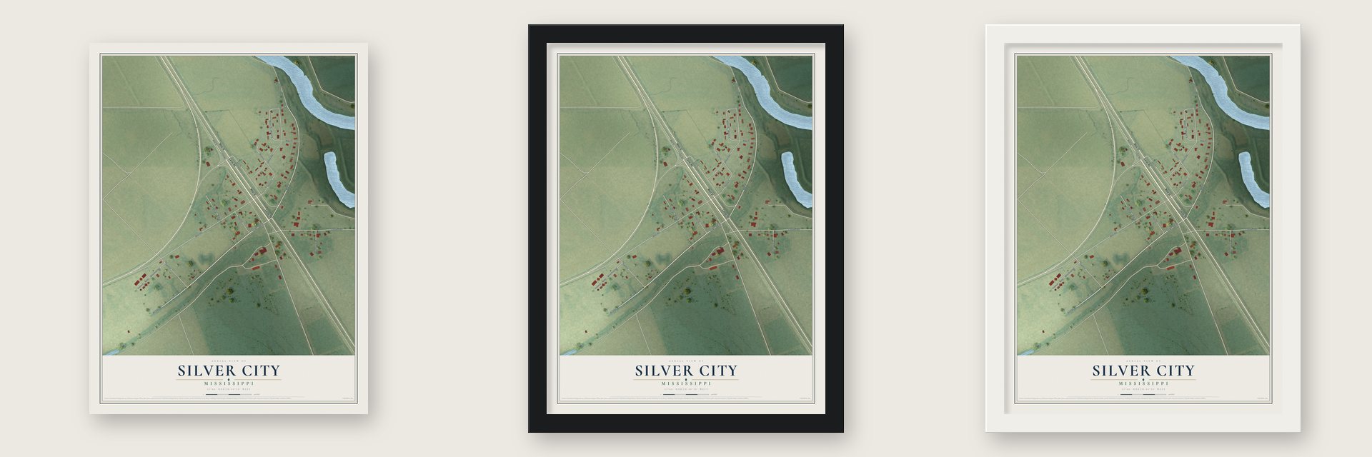 Silver City, Mississippi map unframed, in a black wood frame and in a white wood frame