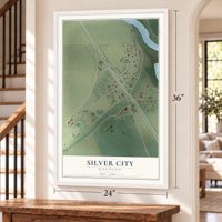 Silver City, Mississippi map, 24 x 36 inch print in a white frame by a staircase
