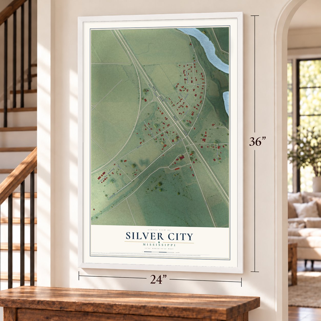 Silver City, Mississippi map, 24 x 36 inch print in a white frame by a staircase