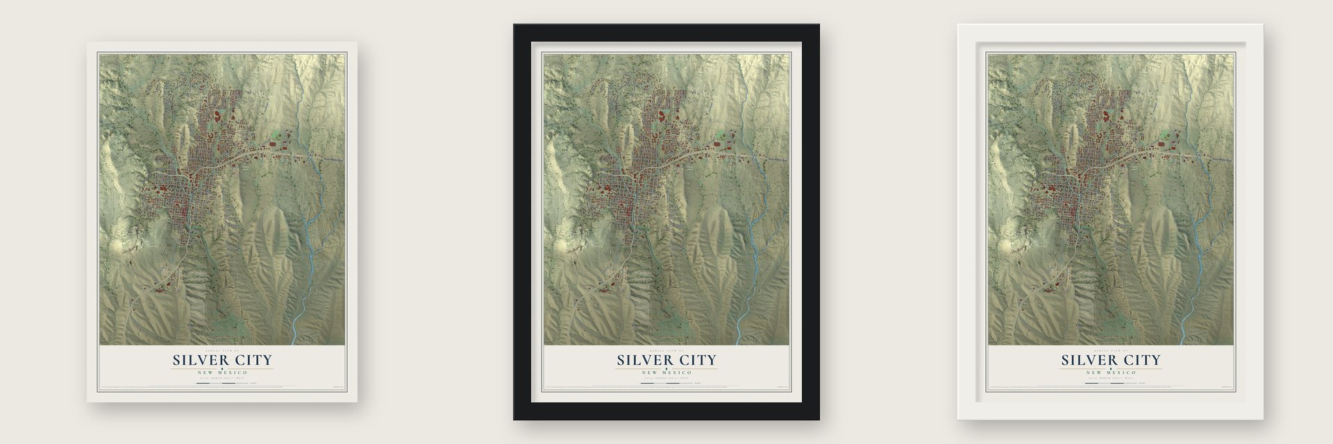 Silver City, New Mexico map unframed, in a black wood frame and in a white wood frame