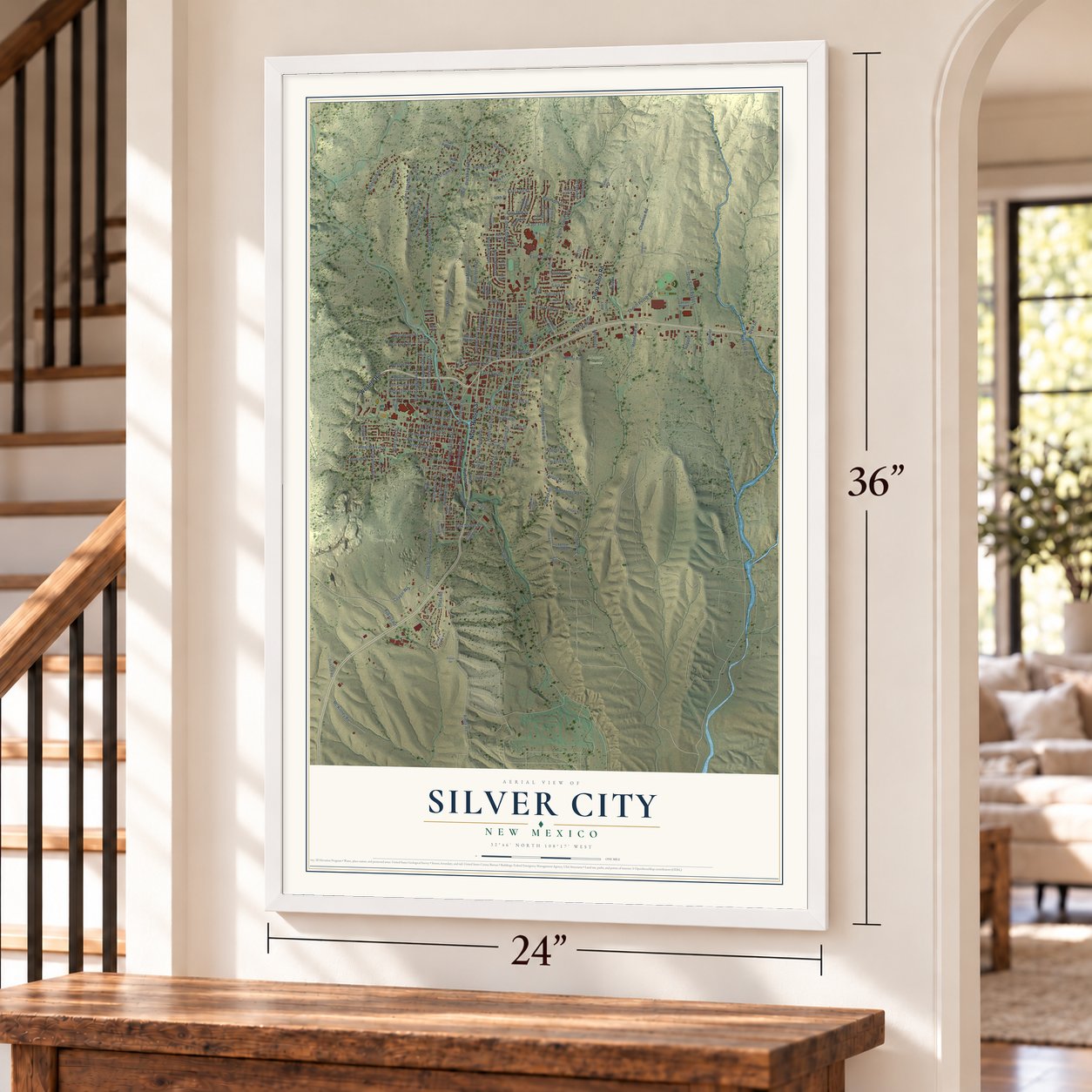 Silver City, New Mexico map, 24 x 36 inch print in a white frame by a staircase