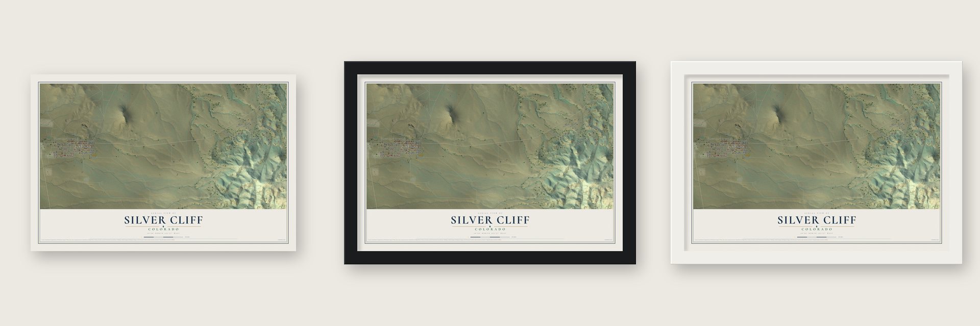 Silver Cliff, Colorado map unframed, in a black wood frame and in a white wood frame