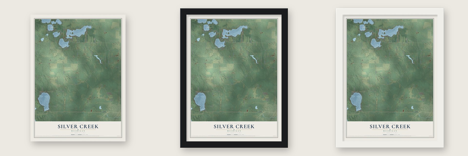Silver Creek, Michigan map unframed, in a black wood frame and in a white wood frame