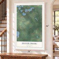 Silver Creek, Michigan map, 24 x 36 inch print in a white frame by a staircase