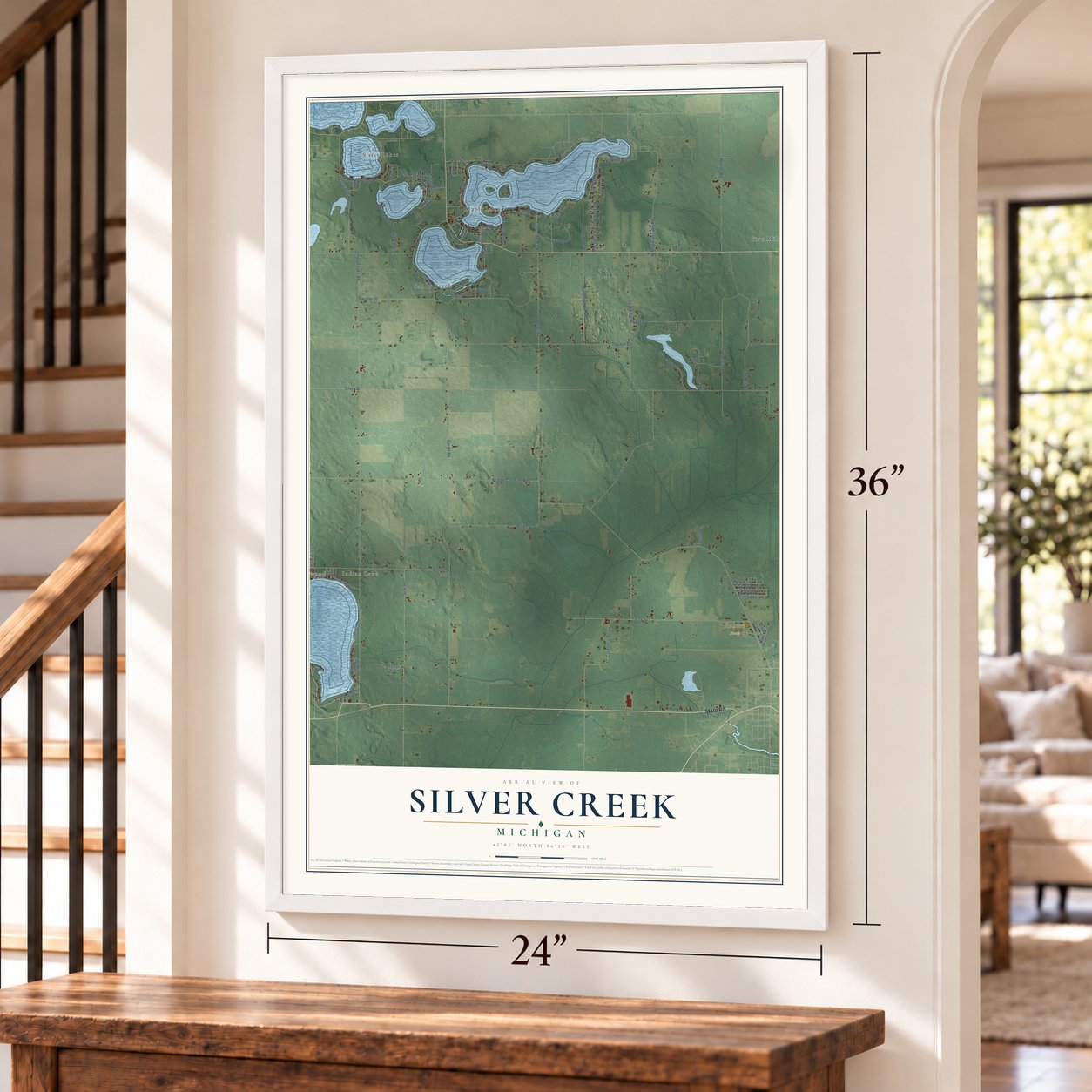 Silver Creek, Michigan map, 24 x 36 inch print in a white frame by a staircase