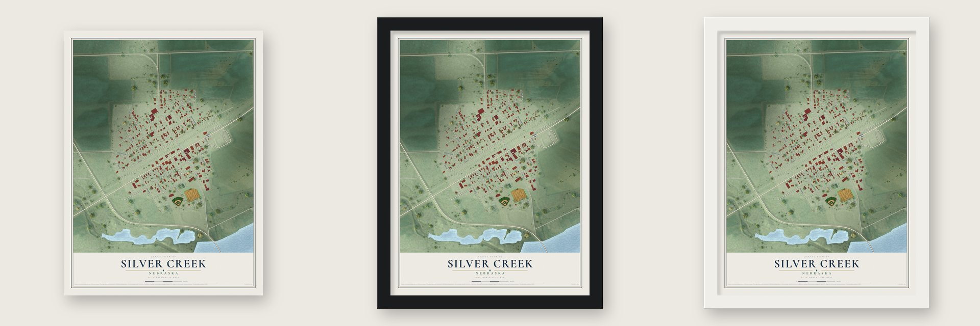 Silver Creek, Nebraska map unframed, in a black wood frame and in a white wood frame