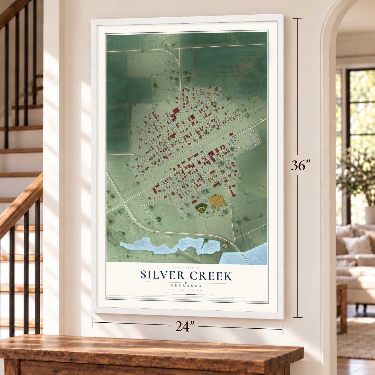 Silver Creek, Nebraska map, 24 x 36 inch print in a white frame by a staircase