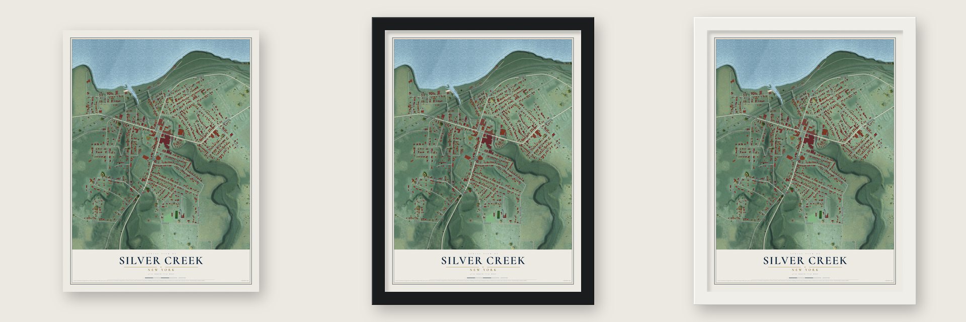 Silver Creek, New York map unframed, in a black wood frame and in a white wood frame