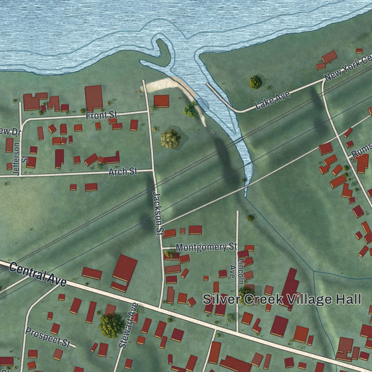 Second close-up of the map of Silver Creek, New York print showing more streets and buildings