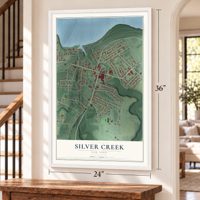 Silver Creek, New York map, 24 x 36 inch print in a white frame by a staircase