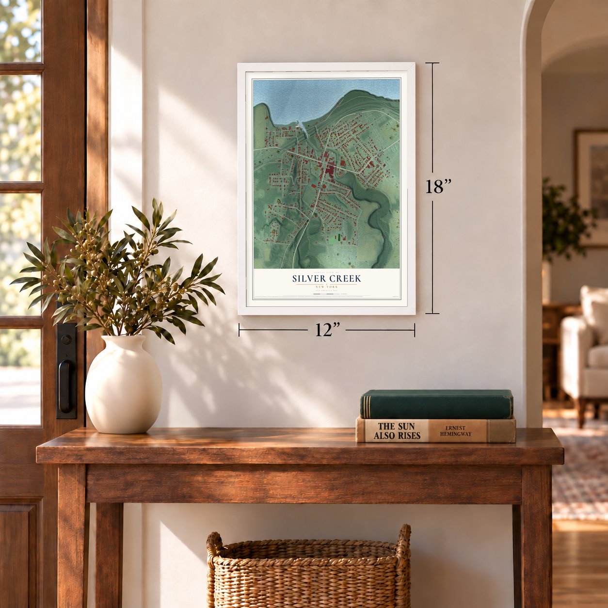 Silver Creek, New York map, 12 x 18 inch print in a white frame in an entryway