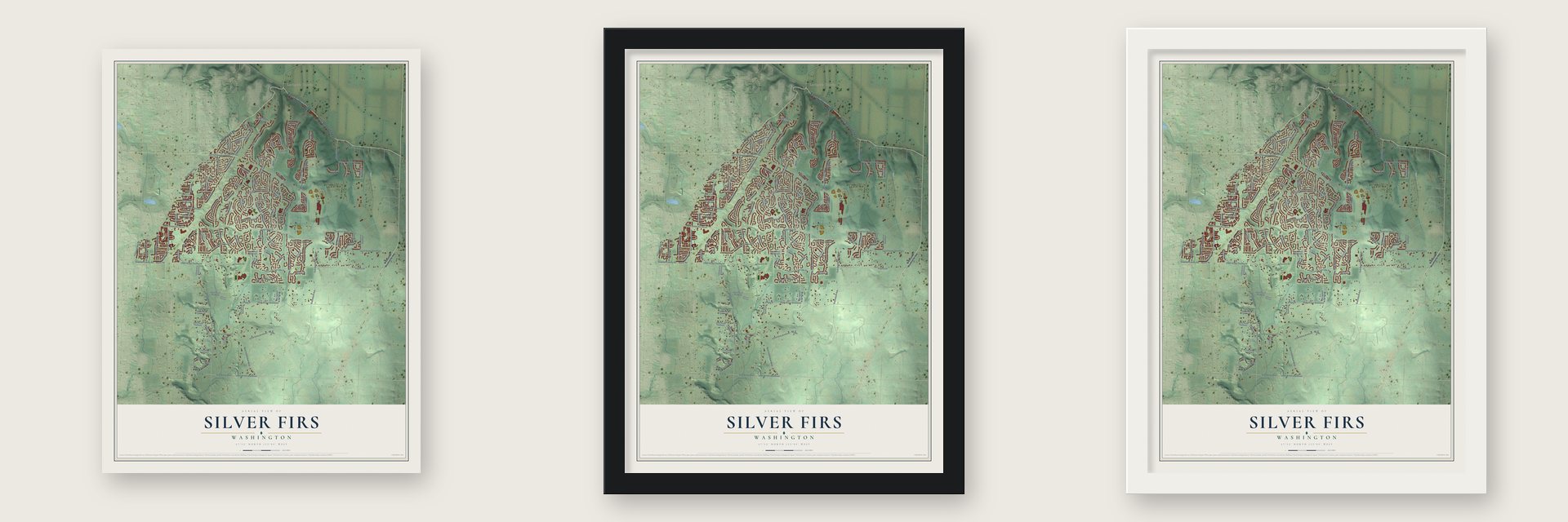 Silver Firs, Washington map unframed, in a black wood frame and in a white wood frame