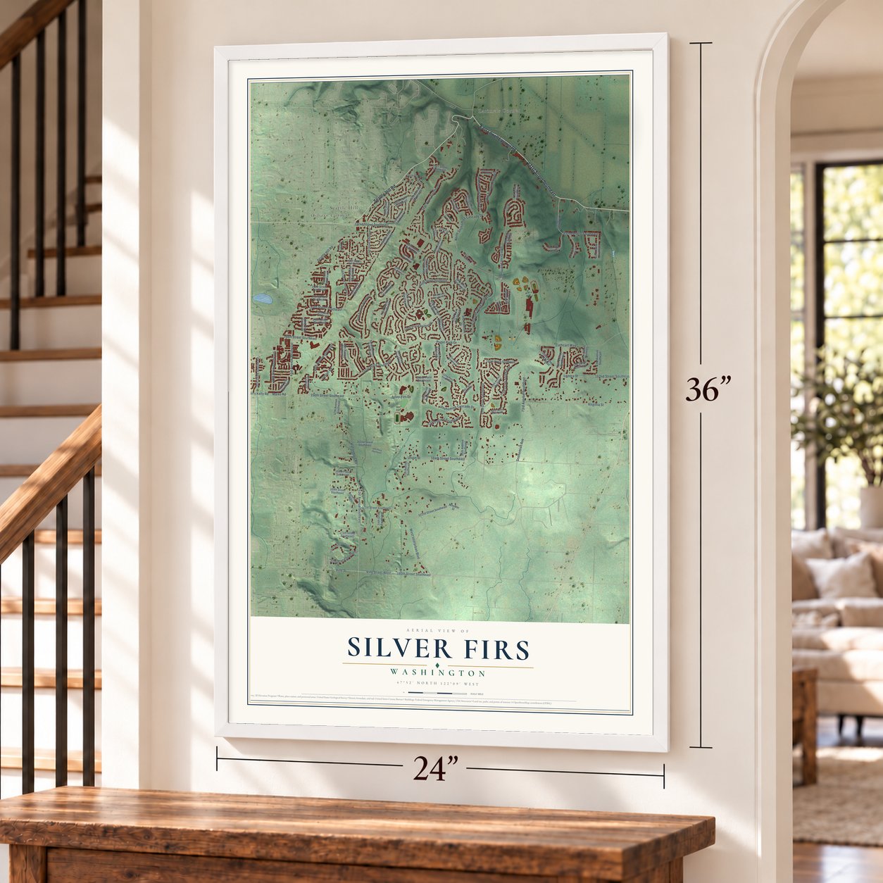 Silver Firs, Washington map, 24 x 36 inch print in a white frame by a staircase