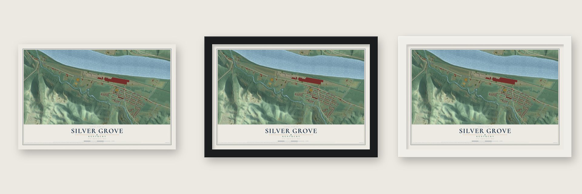 Silver Grove, Kentucky map unframed, in a black wood frame and in a white wood frame