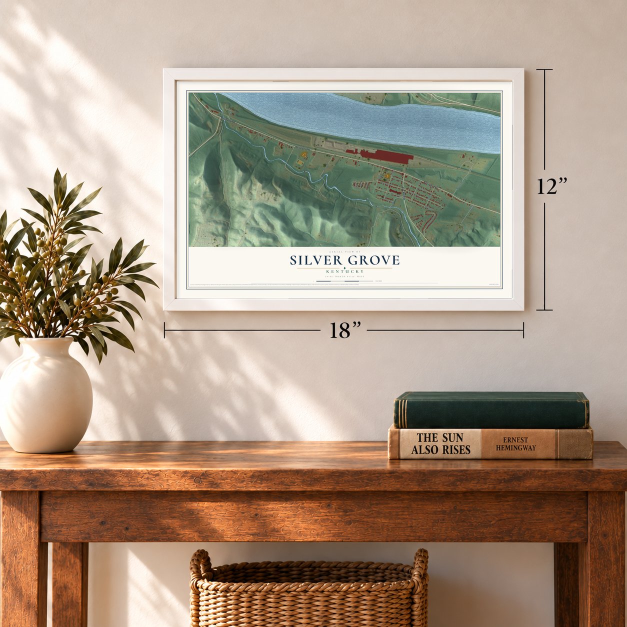 Silver Grove, Kentucky map, 12 x 18 inch print in a white frame in an entryway