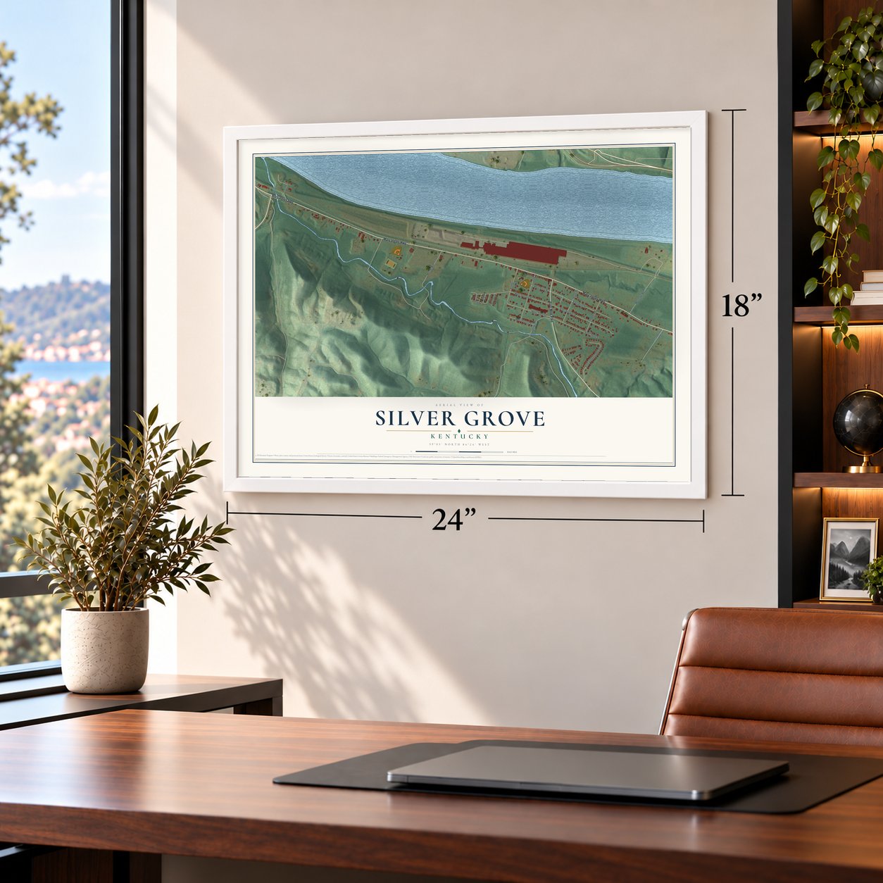 Silver Grove, Kentucky map, 18 x 24 inch print in a white frame in a home office