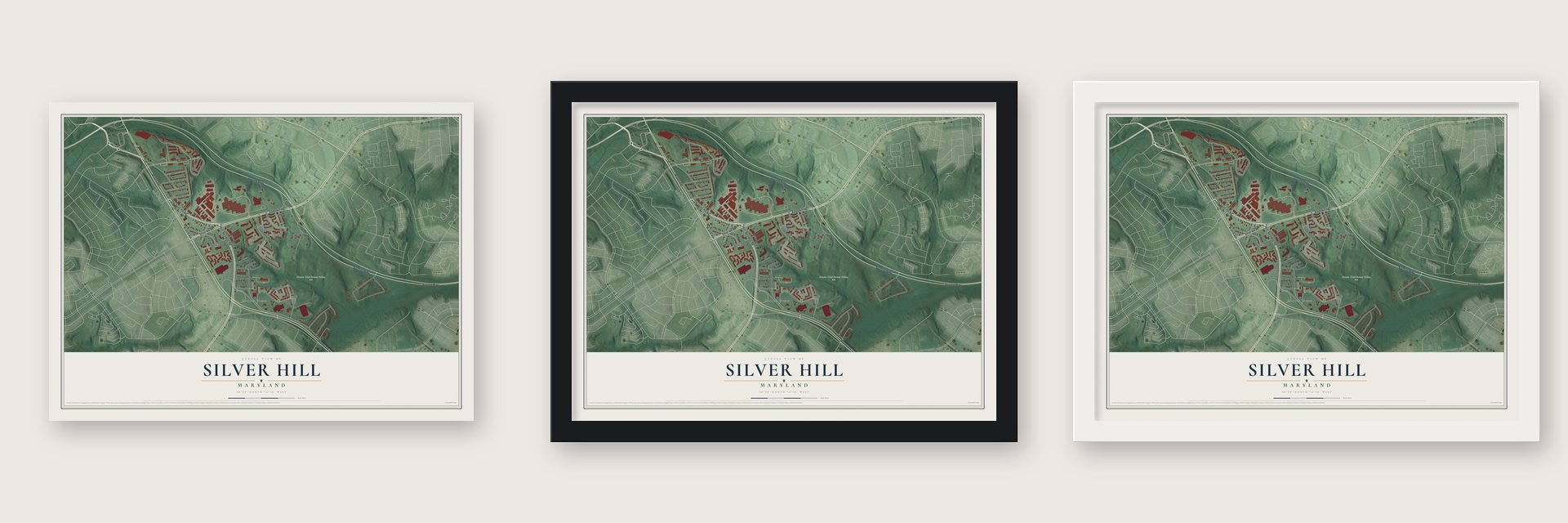 Silver Hill, Maryland map unframed, in a black wood frame and in a white wood frame