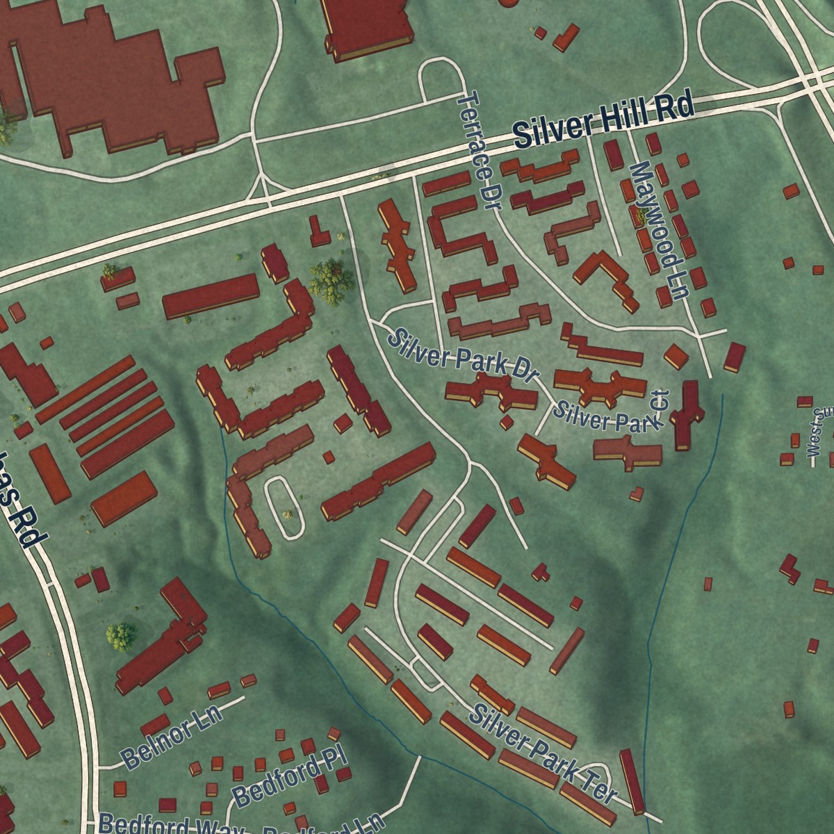 Second close-up of the map of Silver Hill, Maryland print showing more streets and buildings