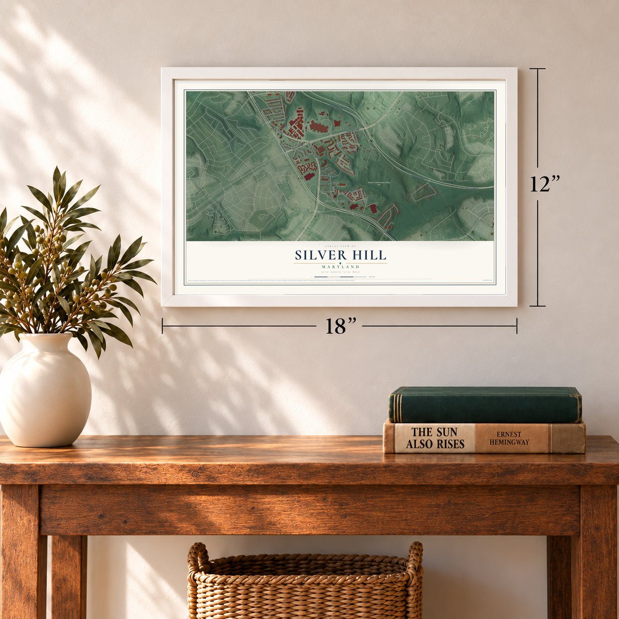 Silver Hill, Maryland map, 12 x 18 inch print in a white frame in an entryway