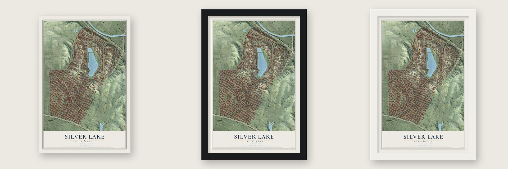 Silver Lake, California map unframed, in a black wood frame and in a white wood frame