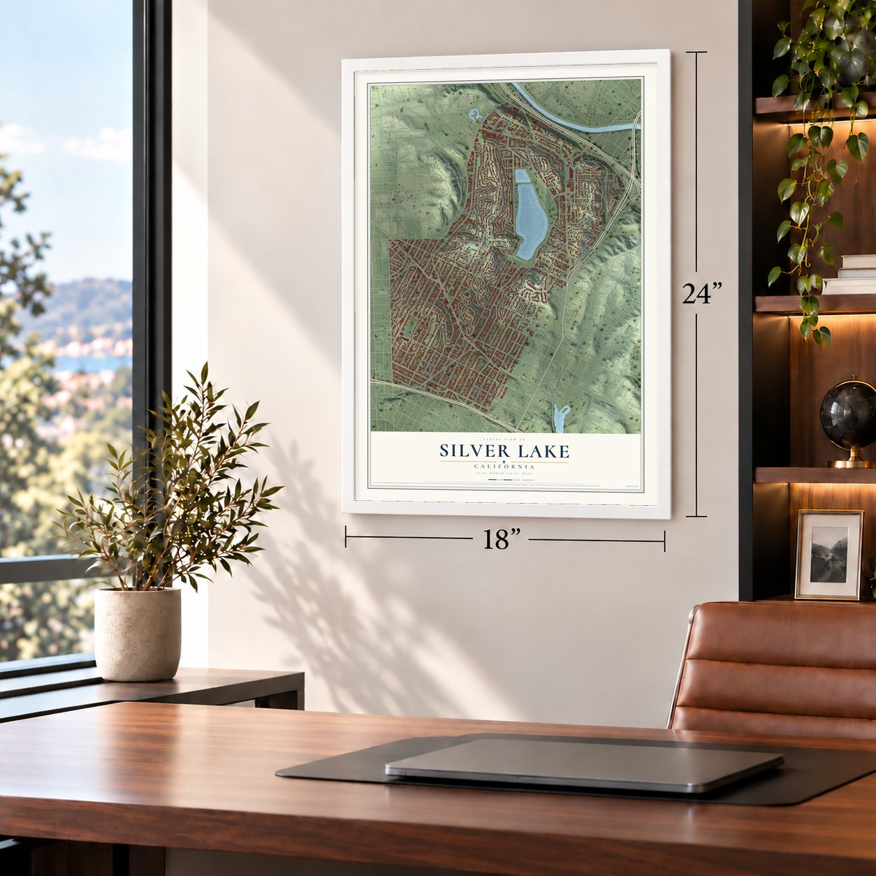 Silver Lake, California map, 18 x 24 inch print in a white frame in a home office