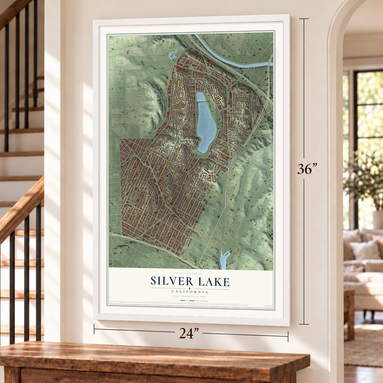 Silver Lake, California map, 24 x 36 inch print in a white frame by a staircase