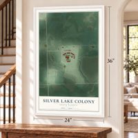 Silver Lake Colony, South Dakota map, 24 x 36 inch print in a white frame by a staircase