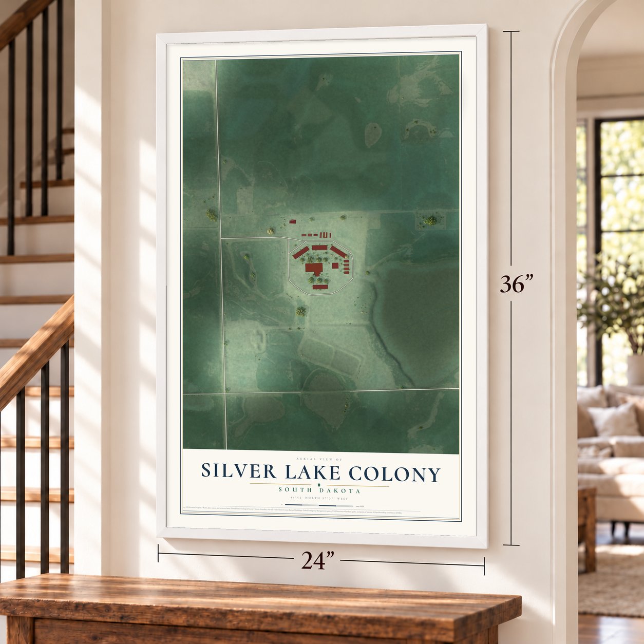 Silver Lake Colony, South Dakota map, 24 x 36 inch print in a white frame by a staircase