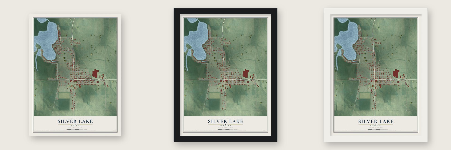 Silver Lake, Indiana map unframed, in a black wood frame and in a white wood frame