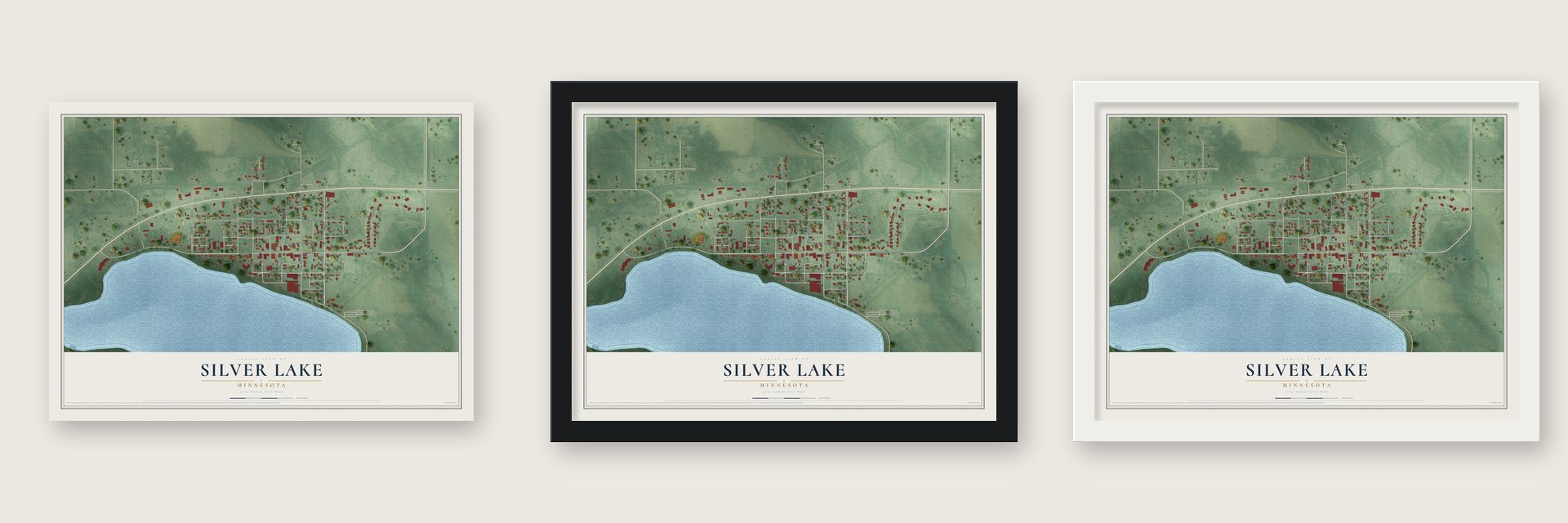 Silver Lake, Minnesota map unframed, in a black wood frame and in a white wood frame