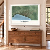 Silver Lake, Minnesota map, 24 x 36 inch print in a white frame above a dresser by a staircase