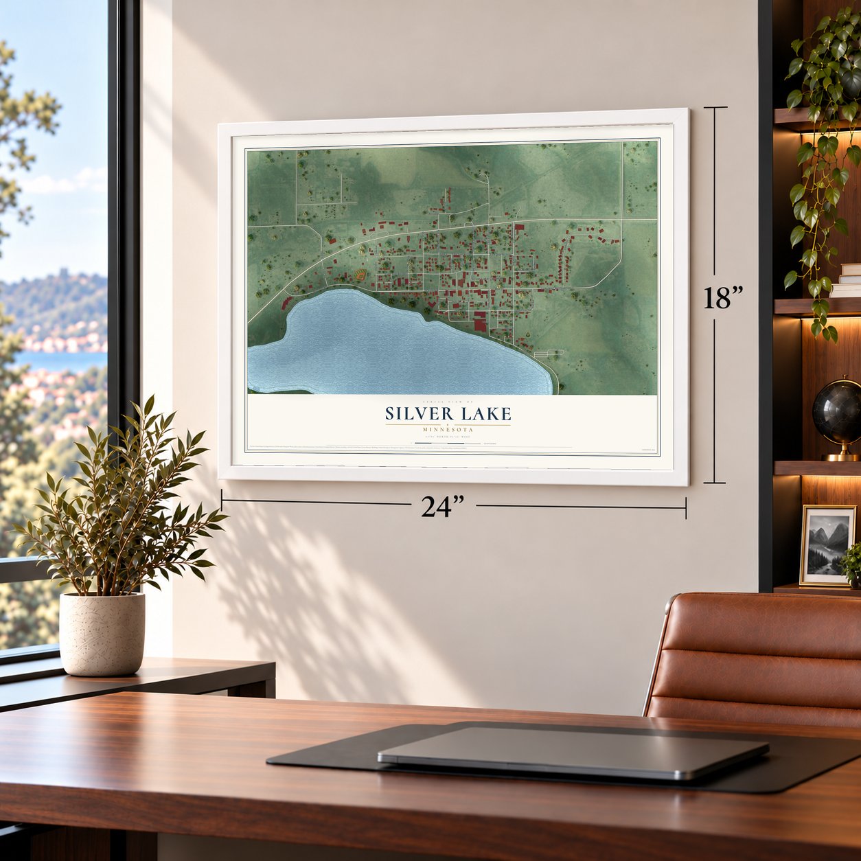 Silver Lake, Minnesota map, 18 x 24 inch print in a white frame in a home office