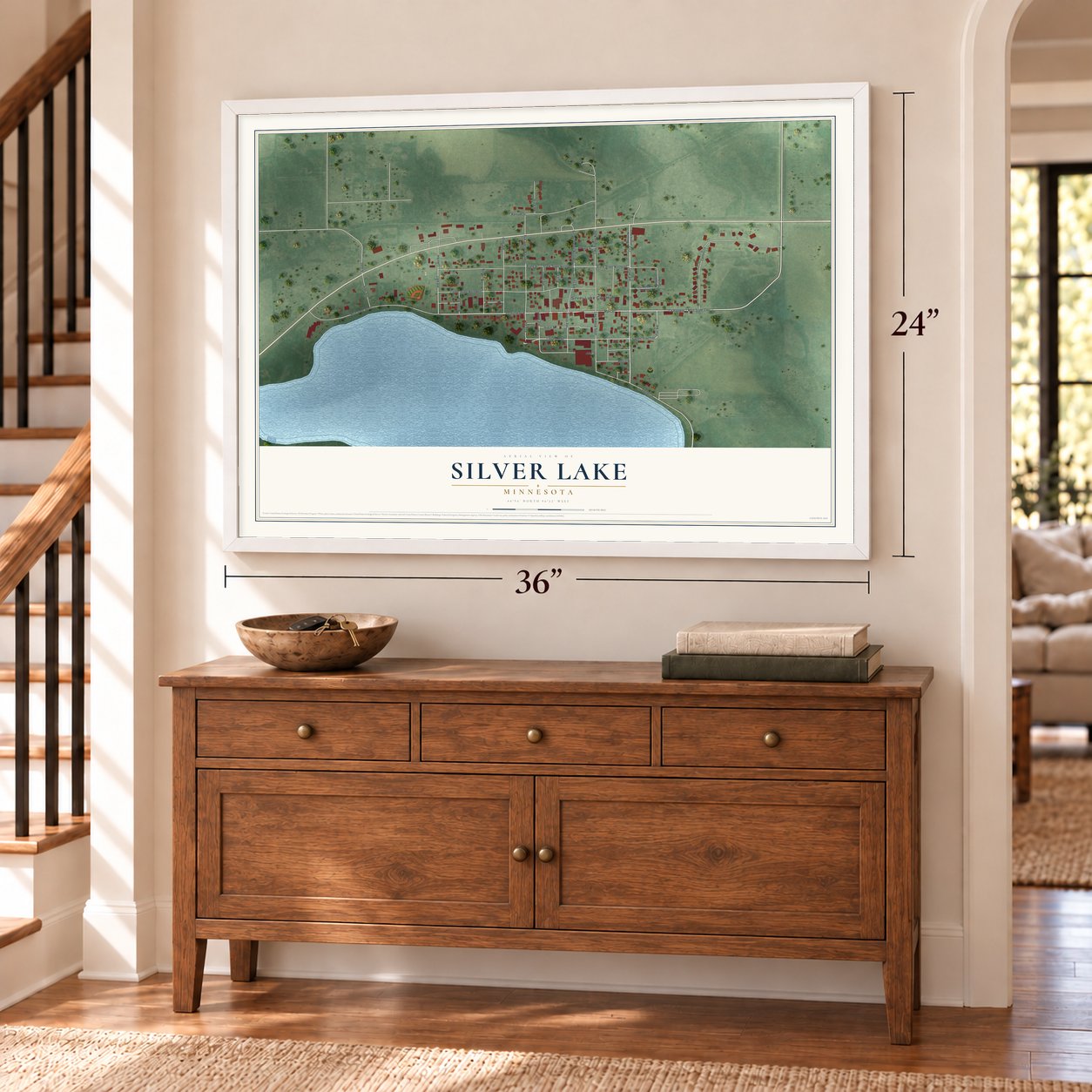 Silver Lake, Minnesota map, 24 x 36 inch print in a white frame above a dresser by a staircase
