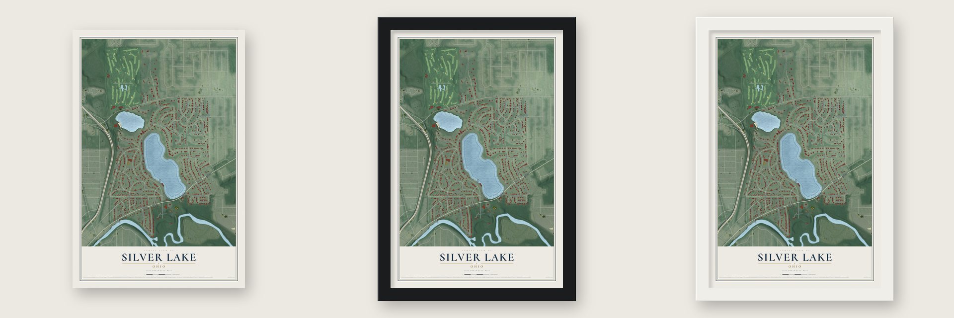 Silver Lake, Ohio map unframed, in a black wood frame and in a white wood frame