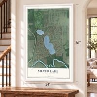 Silver Lake, Ohio map, 24 x 36 inch print in a white frame by a staircase