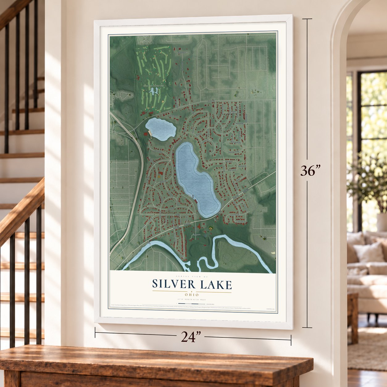 Silver Lake, Ohio map, 24 x 36 inch print in a white frame by a staircase