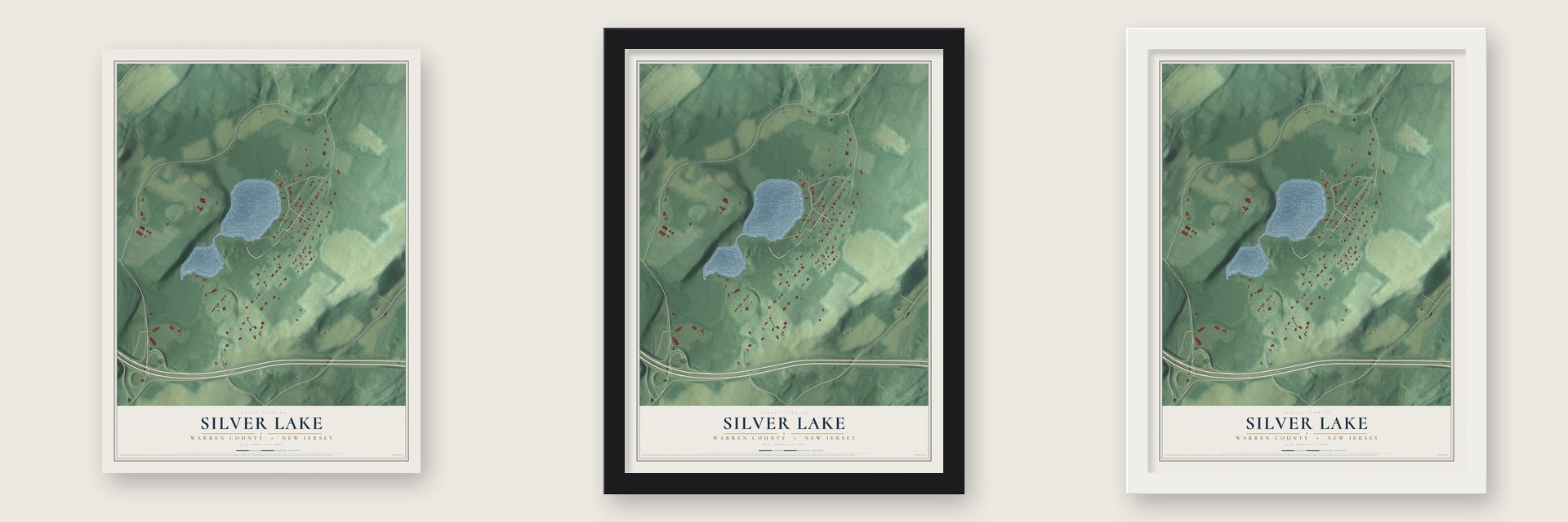 Silver Lake, Warren County, New Jersey map unframed, in a black wood frame and in a white wood frame