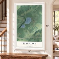 Silver Lake, Warren County, New Jersey map, 24 x 36 inch print in a white frame by a staircase