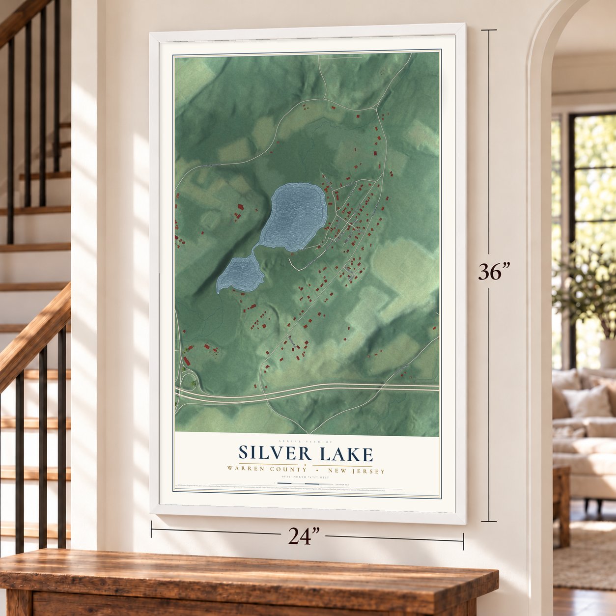 Silver Lake, Warren County, New Jersey map, 24 x 36 inch print in a white frame by a staircase